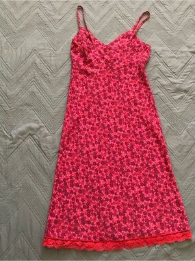 *vintage* Express Hot Pink Floral Slip Dress with Lace Hem 90’s/Y2K